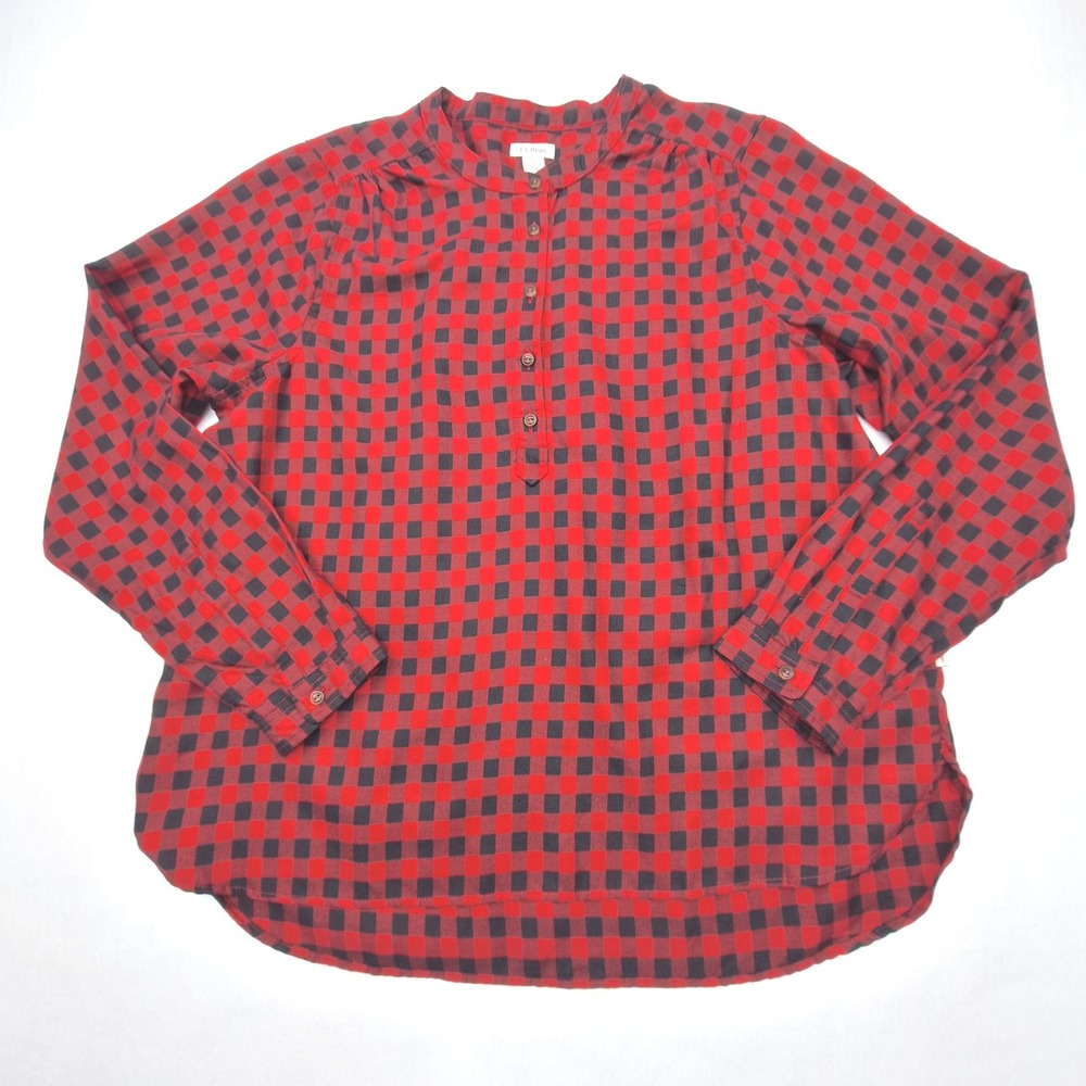 LL Bean Henley Top Womens Medium Red Black Buffalo Plaid
